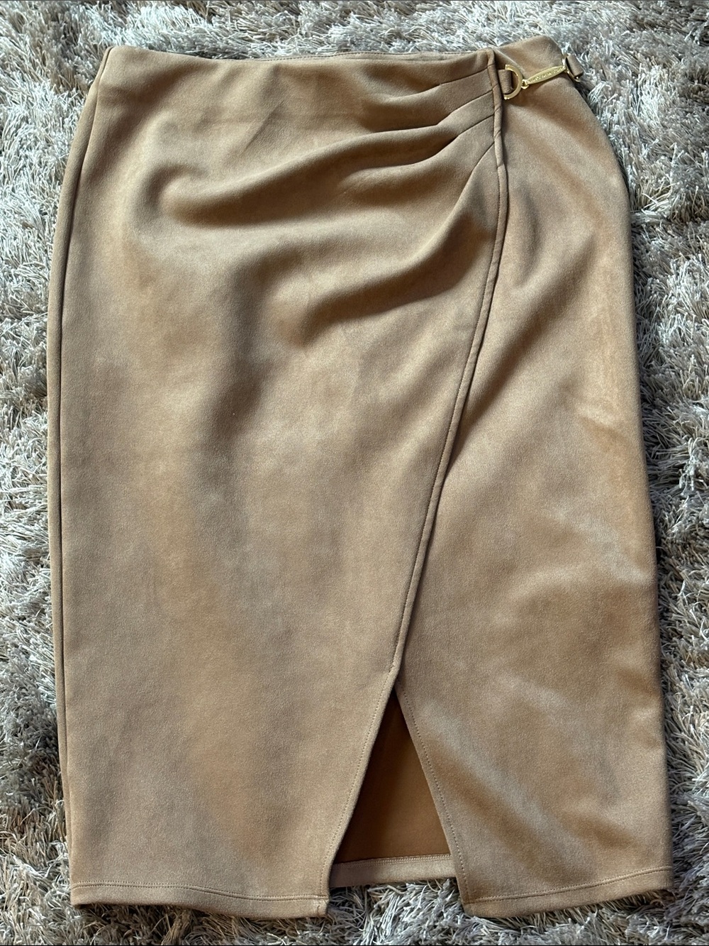 Marc New York Faux Suede Wrap Pencil Skirt in Camel Gild Buckle Detail M/L